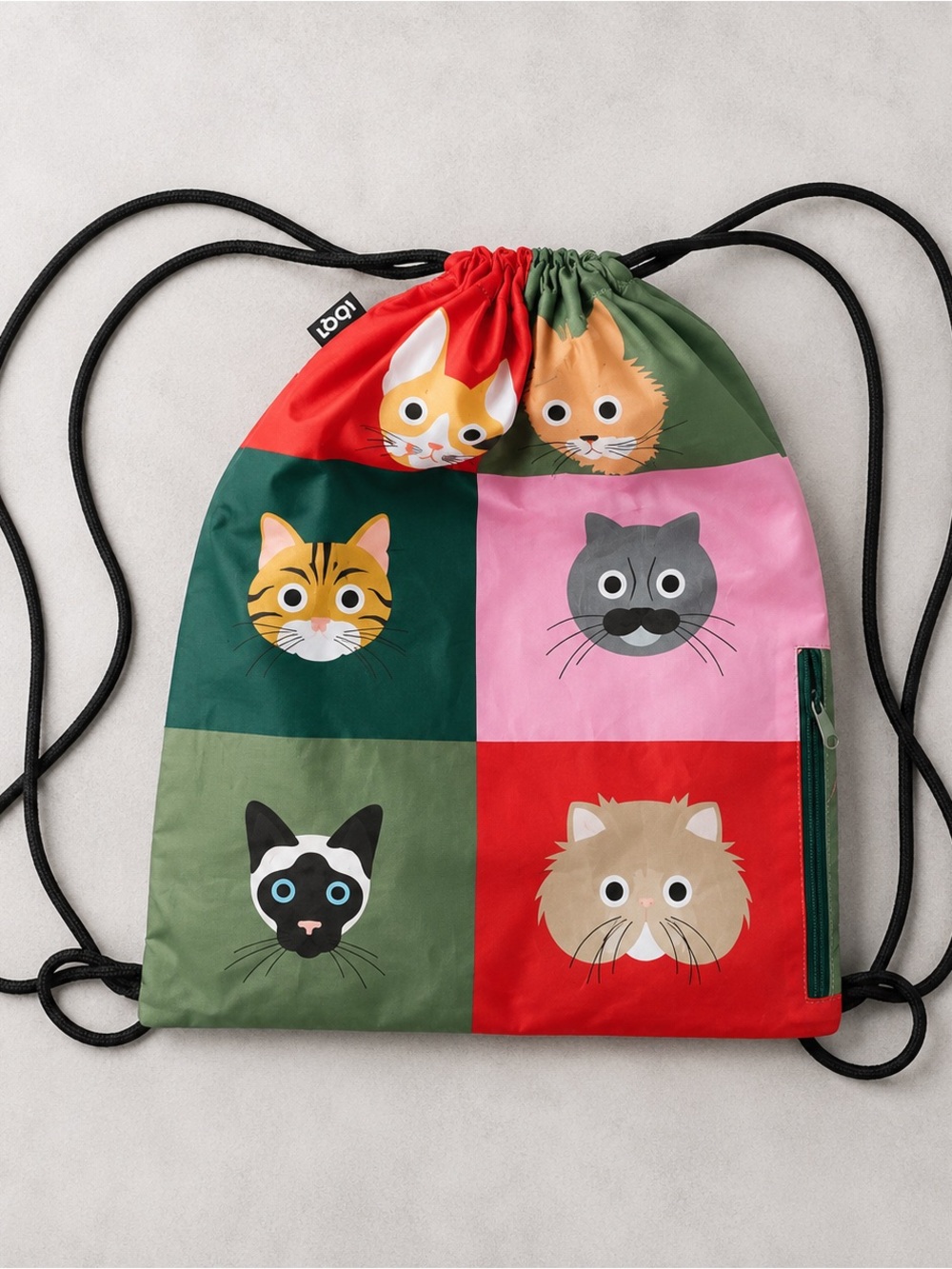 Loqi Cat Faces Kids‎ Drawstring Bag - Red, Green, Pink